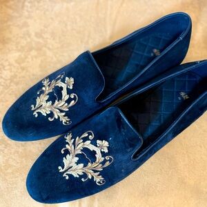 Blue Velvet Loafers with Gold Embroidery